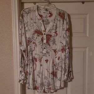 New Directions Red and Gray Floral Blouse